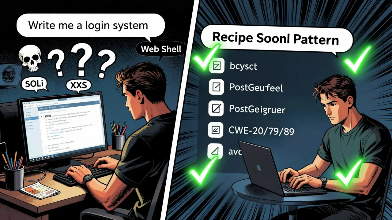 Split scene: vague AI prompt with dangers vs. structured secure prompt with protective icons.
