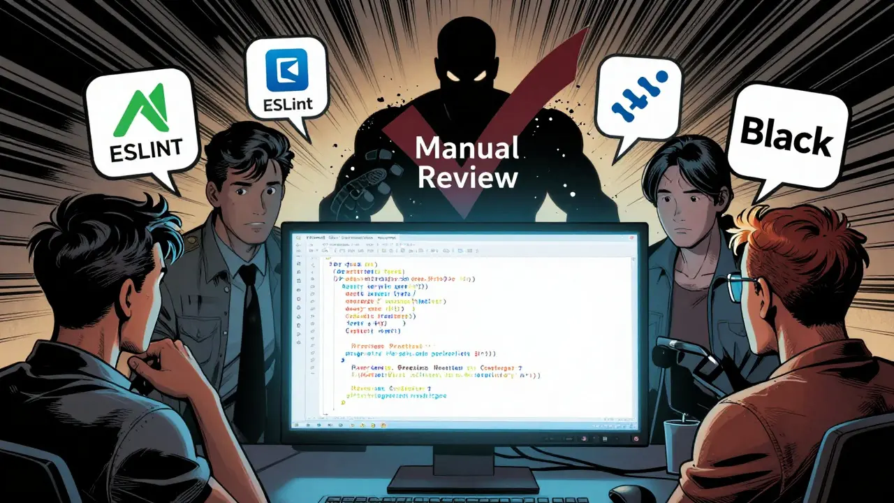 Team celebrates clean code with automated tools defeating manual review chaos.