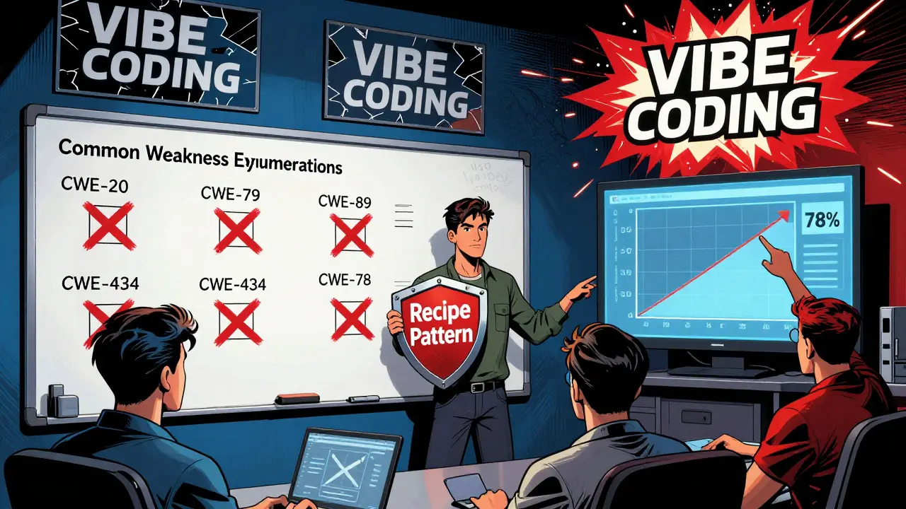 Team defending against security weaknesses with Recipe Pattern shield on a war room whiteboard.
