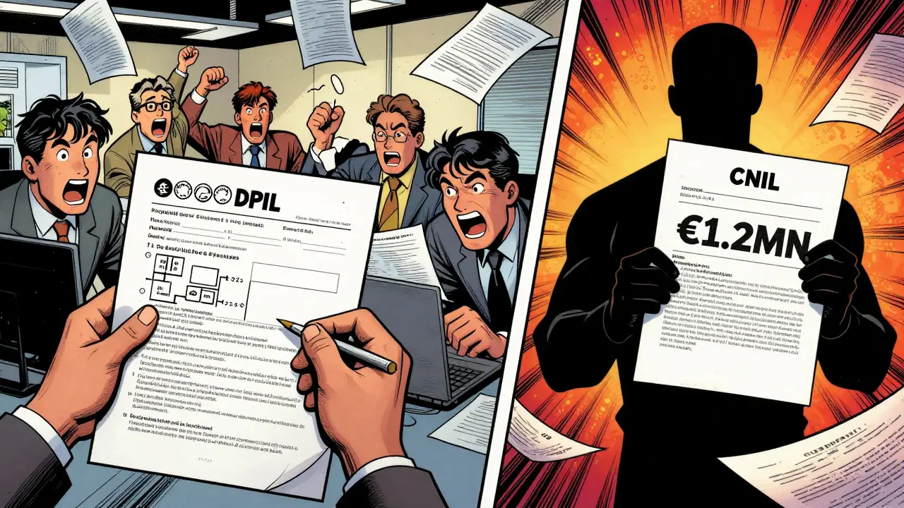 Team fills out a massive DPIA template while a regulator holds a €1.2M fine notice in a split-panel office scene.
