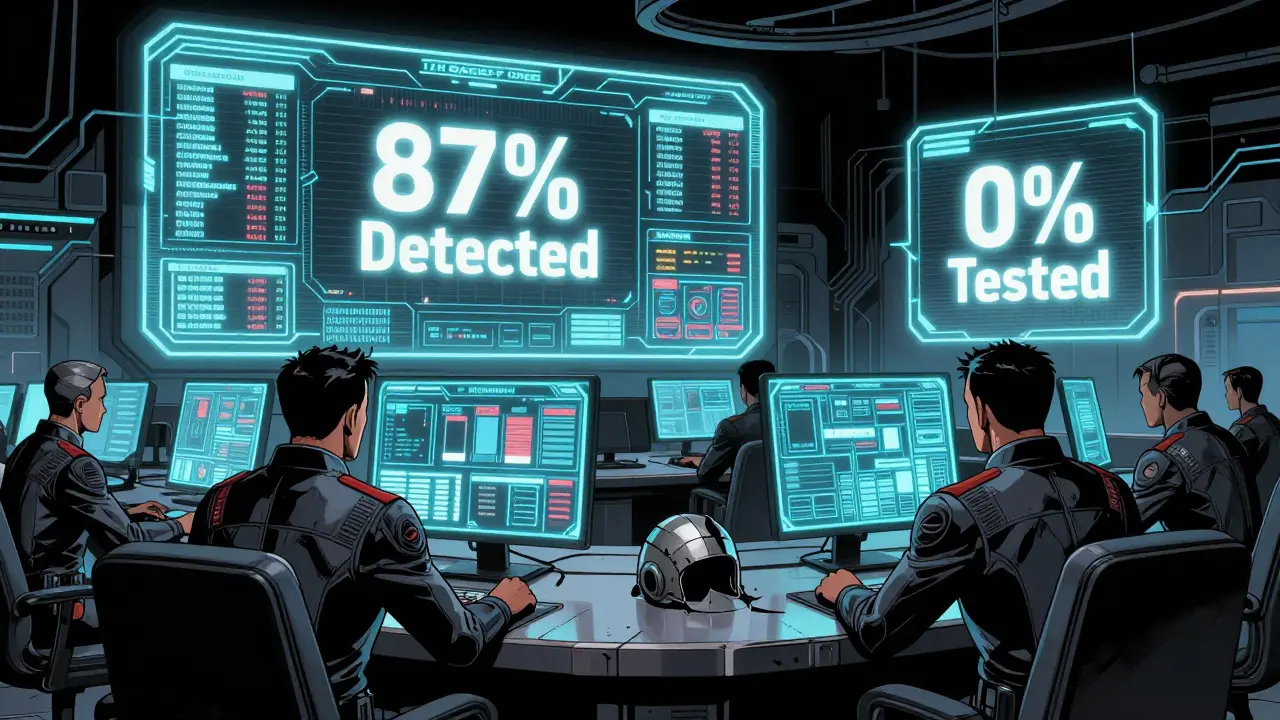 Team monitors holographic security tests, one dashboard shows 87% detection, another shows 0% tested.