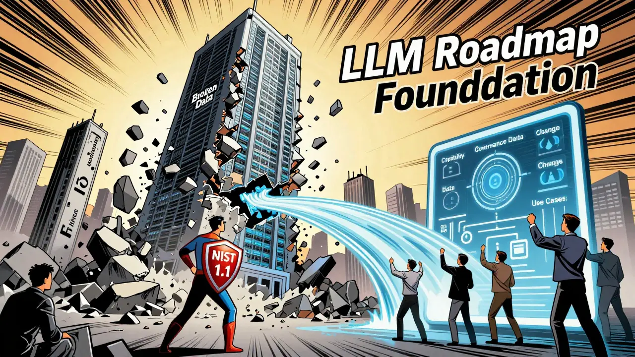 A crumbling data tower collapses as a reinforced LLM roadmap foundation rises, with AI agents and workers transforming chaos into order.