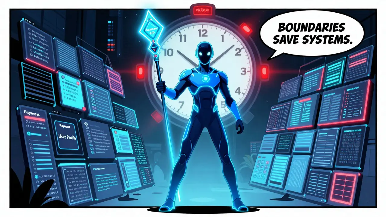 A heroic AI agent uses a linting staff to stop conflicting code modules, with a black Friday alert clock in the background.