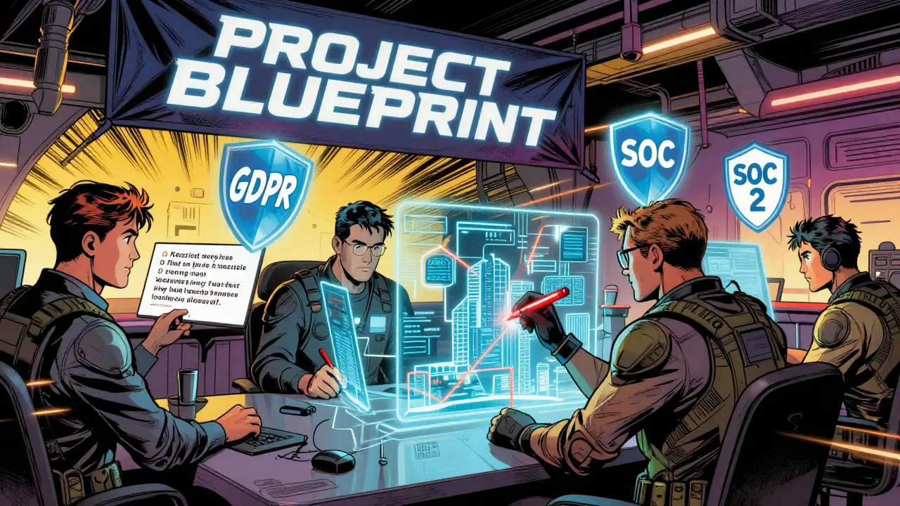 A hybrid team collaborates to fix AI-generated code, with compliance shields and architecture maps visible in dynamic comic book style.