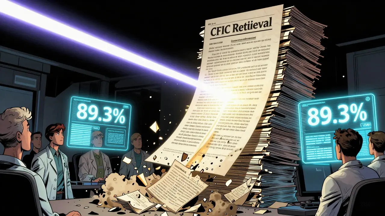 A laser beam extracts precise text from documents using CFIC retrieval, while old fragmented chunks crumble to ash below.