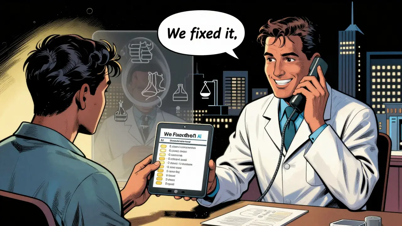 A patient gets a call from a pharmacist who fixed an AI medication error, with the original mistake fading behind them.