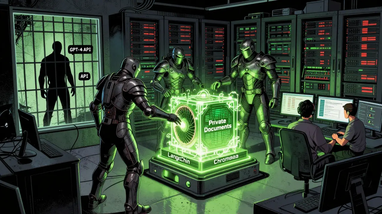 A secure server room with open-source RAG tools as guardians protecting private data, while a cloud API is blocked by a firewall.