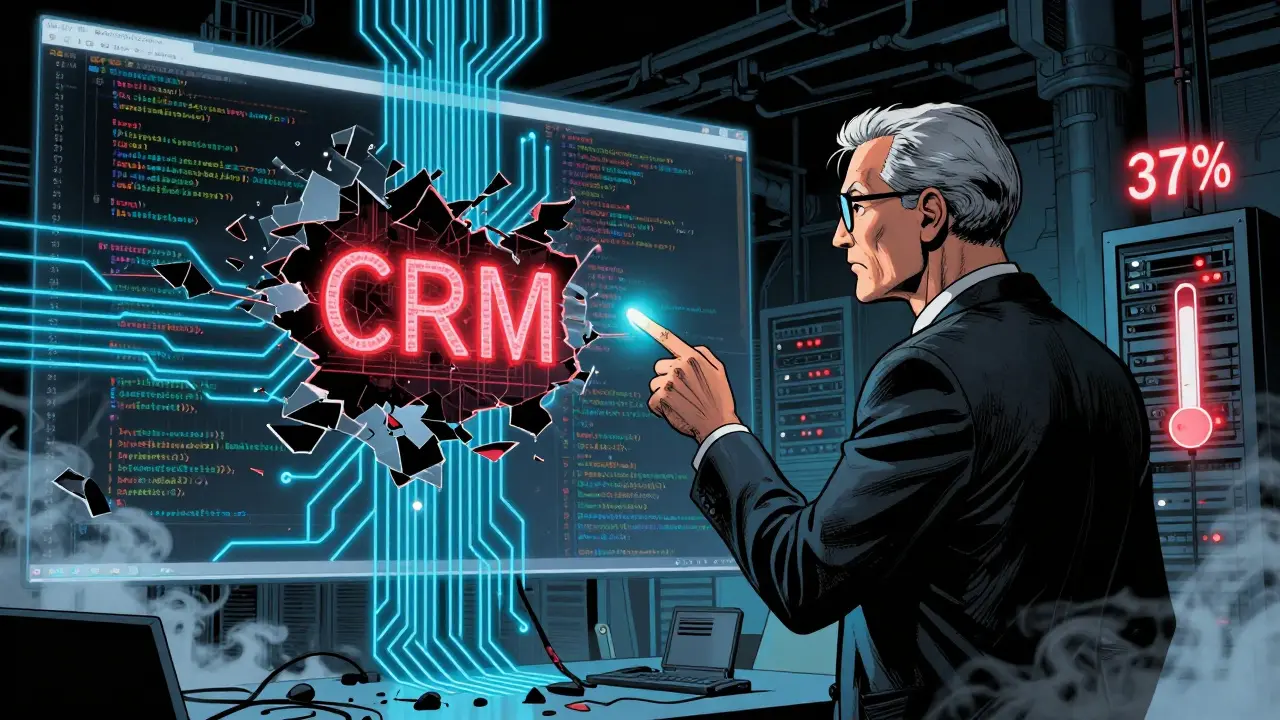 A senior engineer confronts a collapsing AI-built system with broken connections and low test coverage, in bold comic book style.