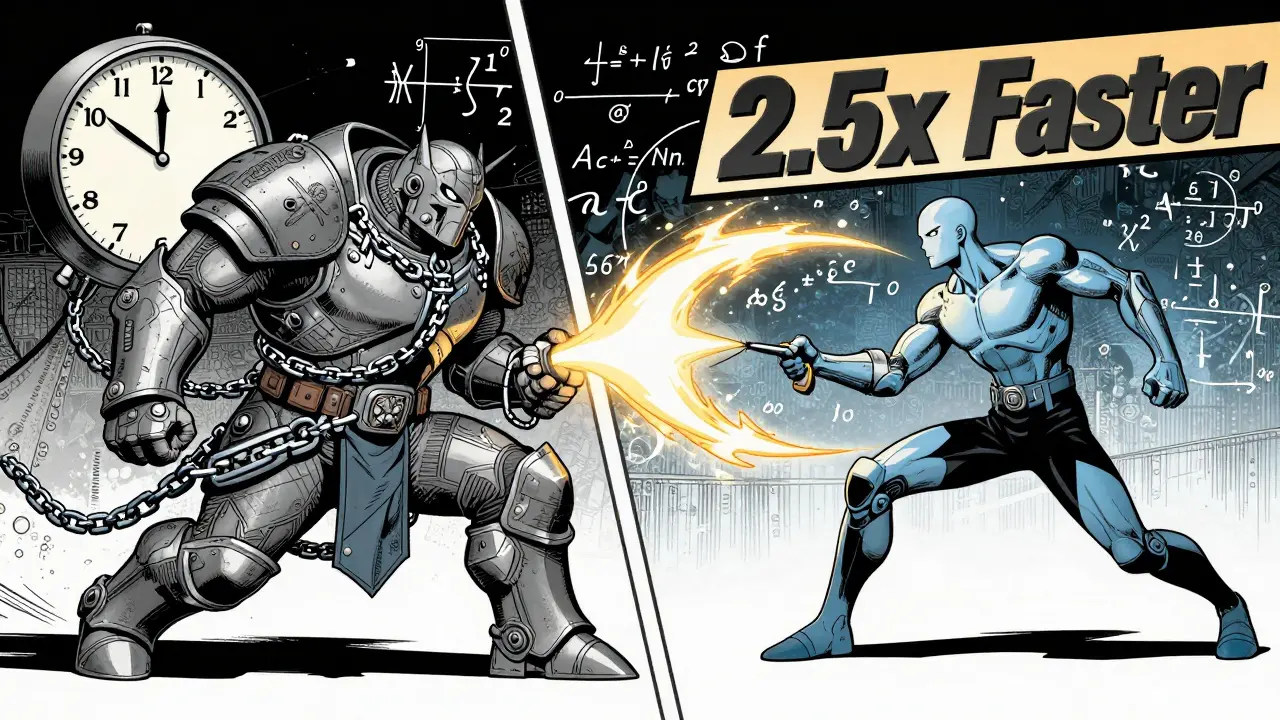 A slow, overloaded model battling a lean optimized model using speed-boosting tech, with '2.5x Faster' banner.