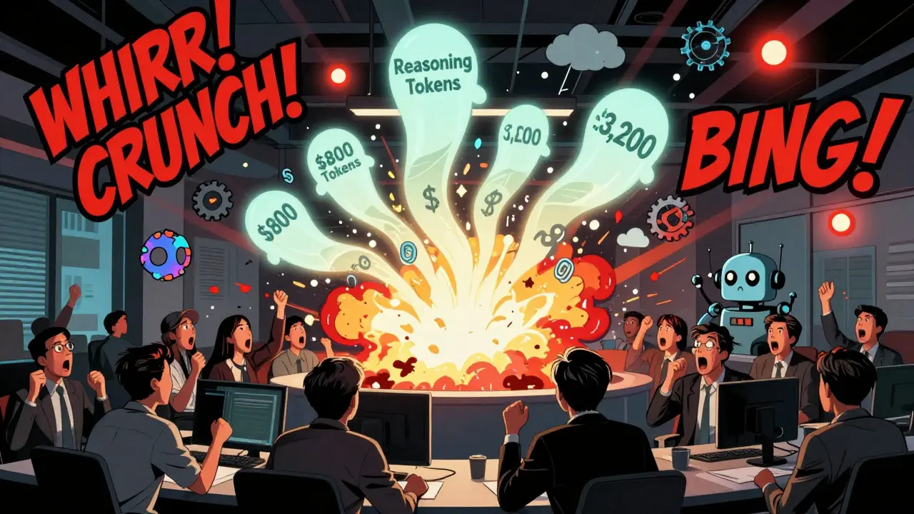 A startup's bill explodes from 0 to ,200 as hidden reasoning tokens multiply in the air, surrounded by data processing robots and warning lights.
