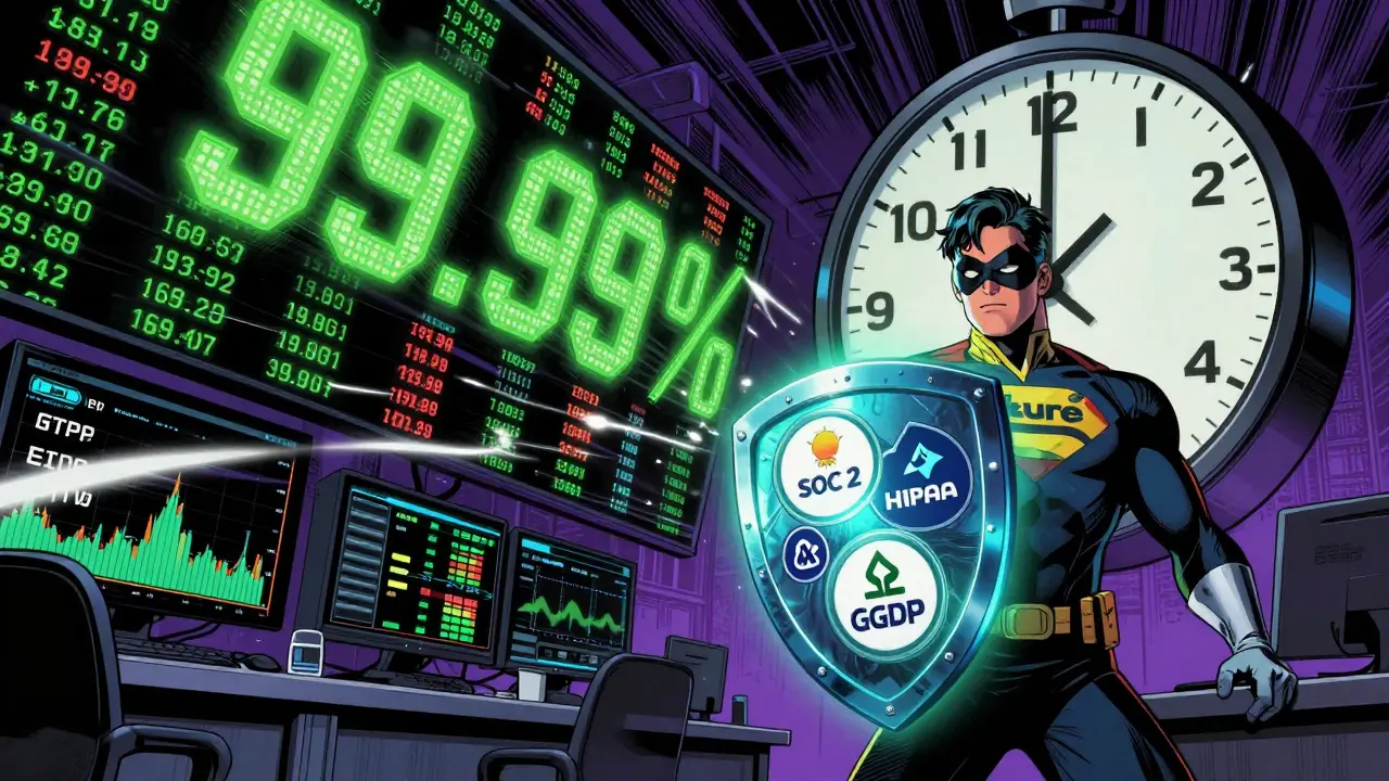 A superhero in corporate attire defends financial systems with compliance badges against failing uptime metrics.