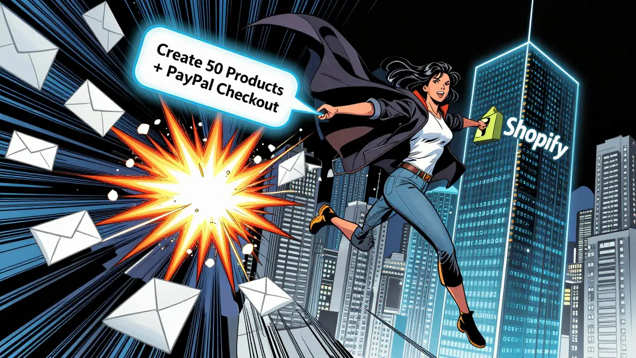 A superheroine launches a coding prompt toward a Shopify building, with UI elements exploding in a comic book action scene.