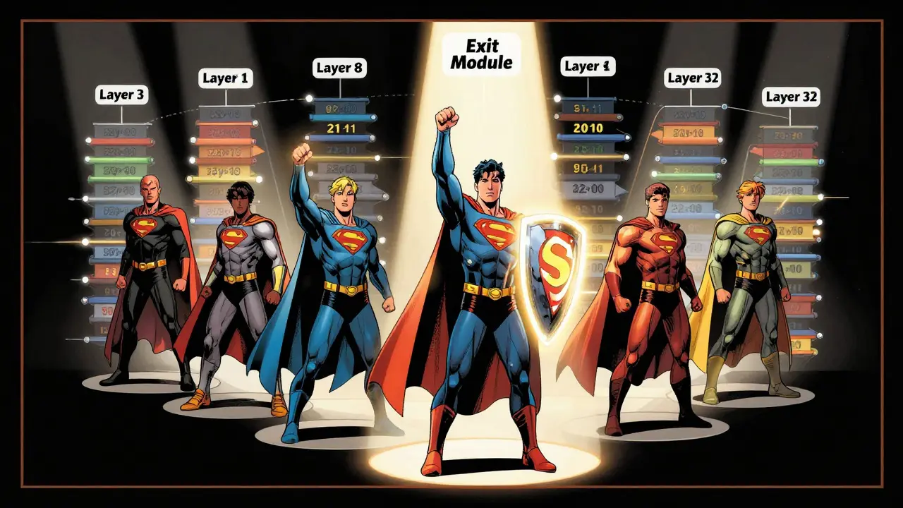 A team of superhero layers halting a mission early, with the Exit Module raising a confidence shield at layer 8.