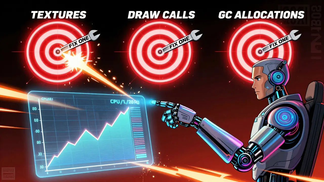 AI co-pilot guiding developer to fix top three performance issues: textures, draw calls, and garbage collection.