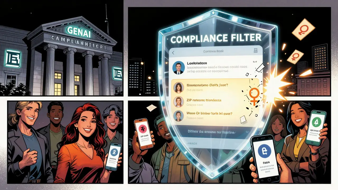 An AI filter blocks discriminatory marketing triggers while delivering fair, personalized loan offers to diverse customers.