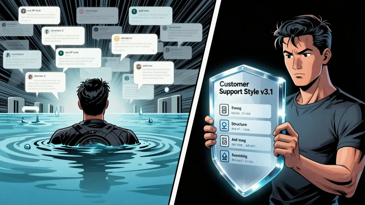 An AI overwhelmed by fading user instructions versus one shielded by a clear, modular style guide floating in front of it.