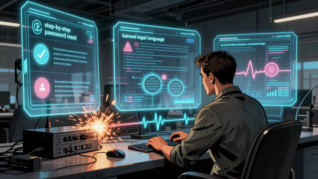 An engineer monitoring glowing adaptive rubrics for AI tasks like medical images and legal emails in a high-tech control room.