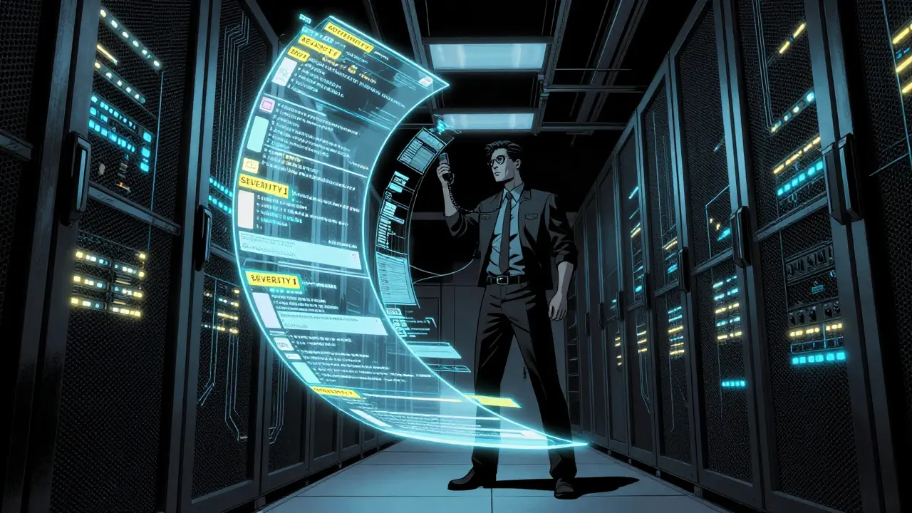 An IT manager in a dark server room tracks AI logs as holographic audit trails swirl around him.