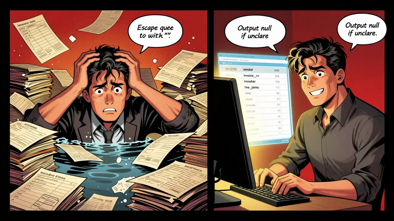 Contrast between messy paper invoices and clean digital outputs with prompt instructions visible.