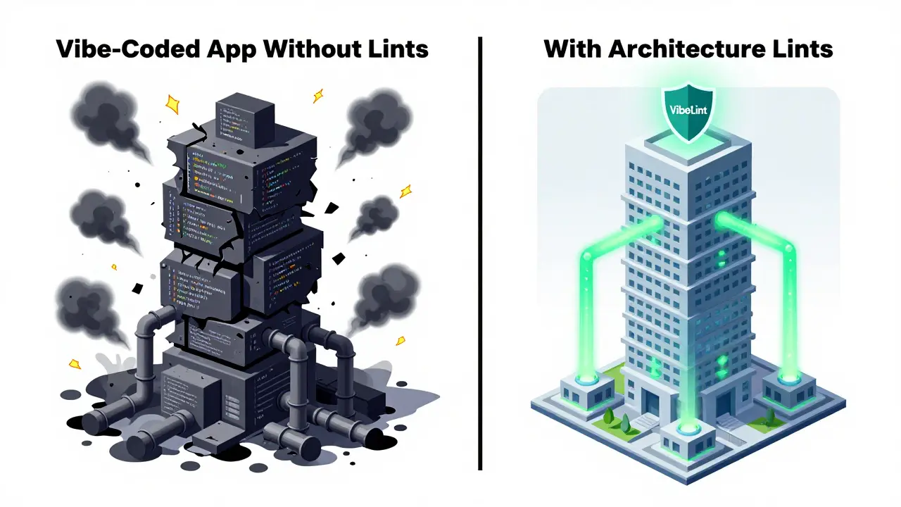 Contrasting images of a crumbling chaotic code tower versus a clean modular skyscraper with labeled layers and a shield.