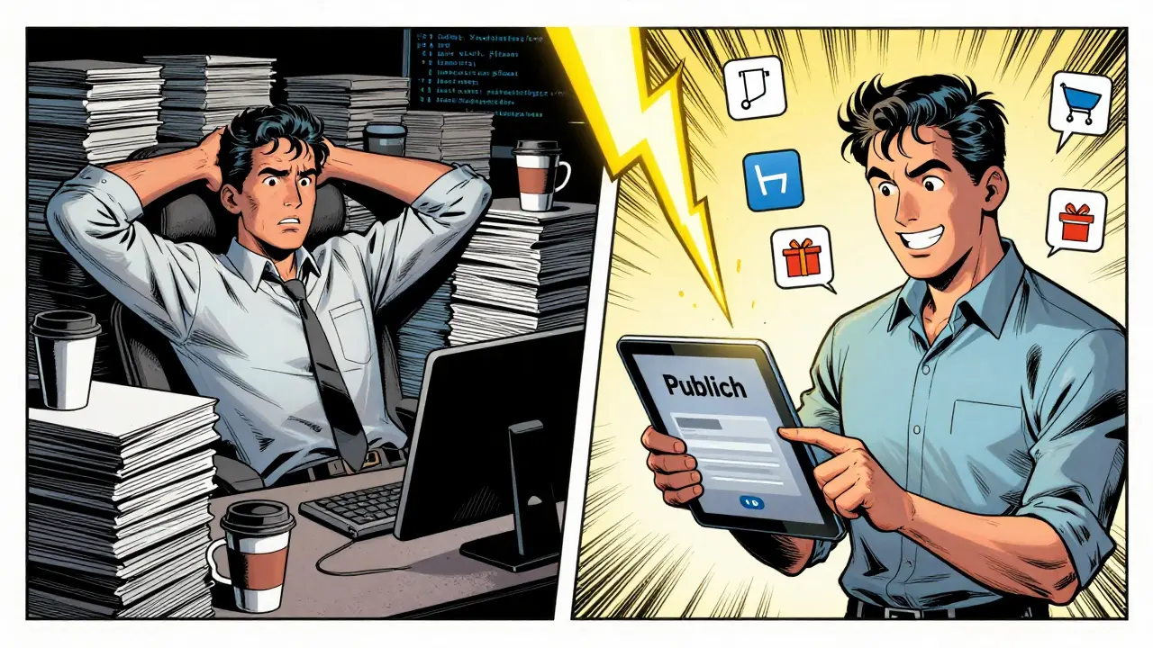 Contrasting scenes: a stressed developer vs. a confident entrepreneur launching a checkout flow with a single click.