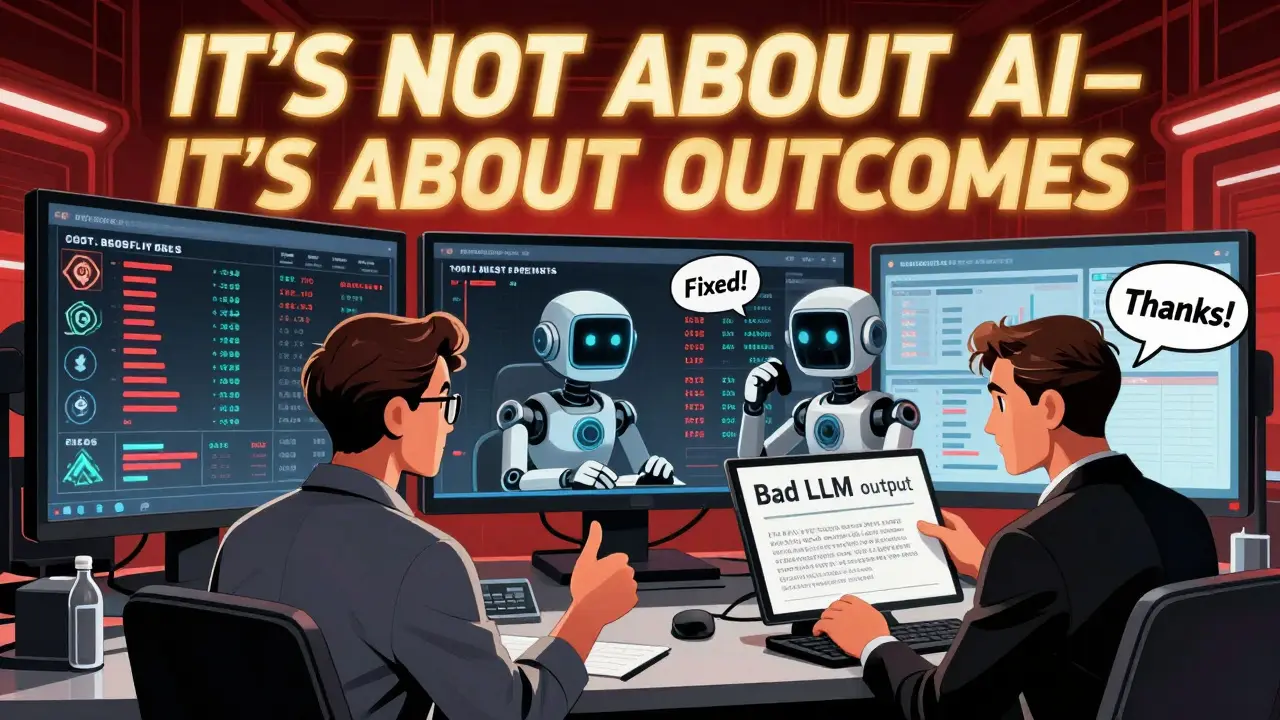 Executives monitor real-time AI performance dashboards while AI agents collaborate and a worker gives feedback on improved output.
