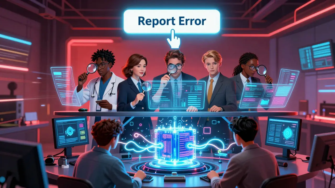 Experts review flagged AI outputs in a neon-lit control room while engineers retrain the system with glowing data chains.