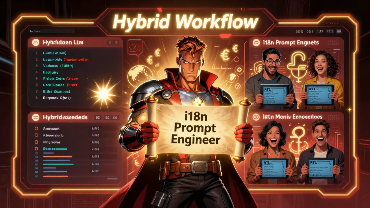 Futuristic dashboard showing automated code generation alongside native speakers testing translations, led by an i18n prompt engineer.