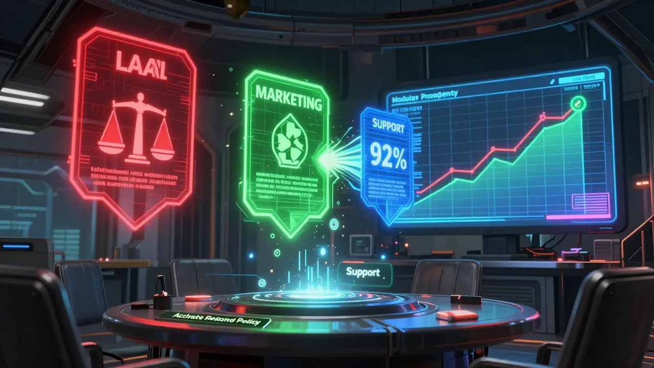 Holographic style guides in a war room, with one activating as a technician triggers a policy update, showing 92% consistency.