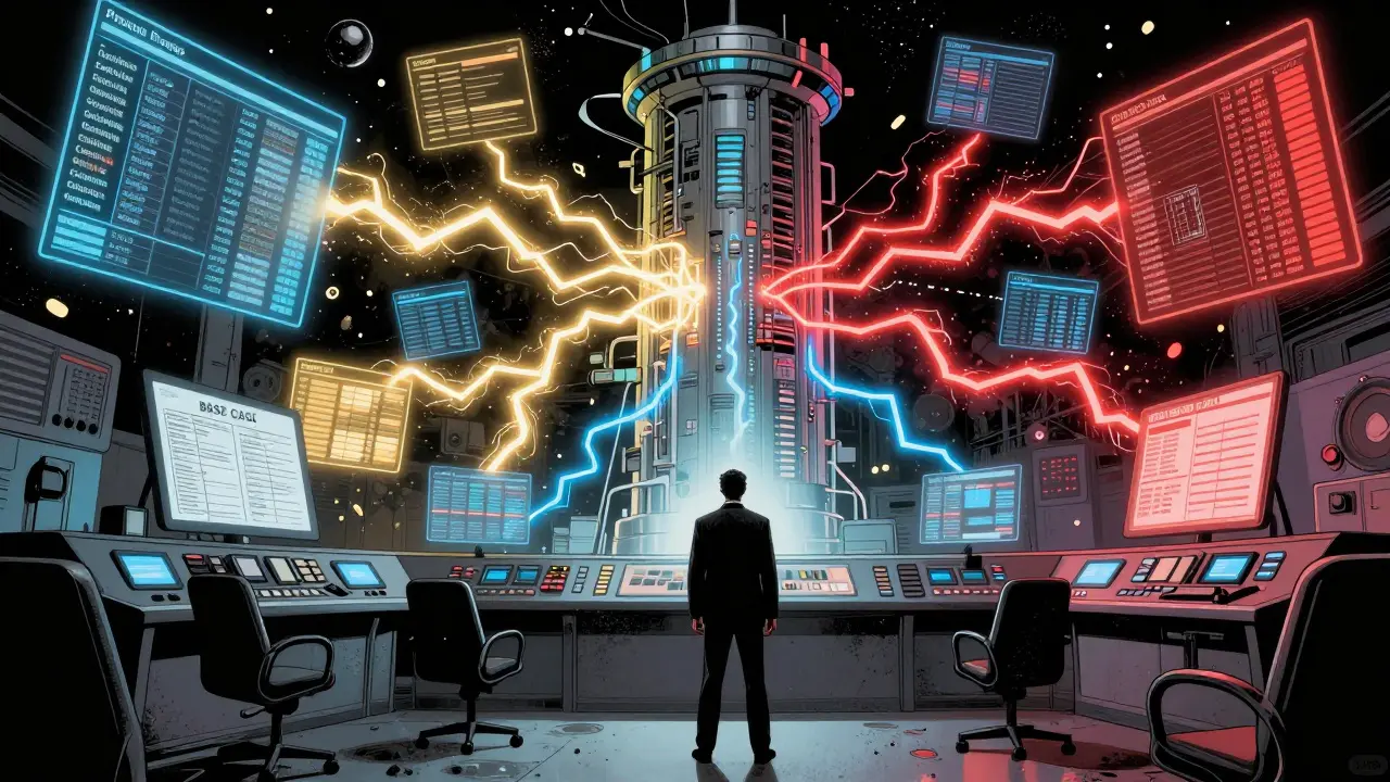 Investor at a control panel surrounded by swirling financial data streams, with AI generating thousands of scenario paths in golden, blue, and crimson lights.