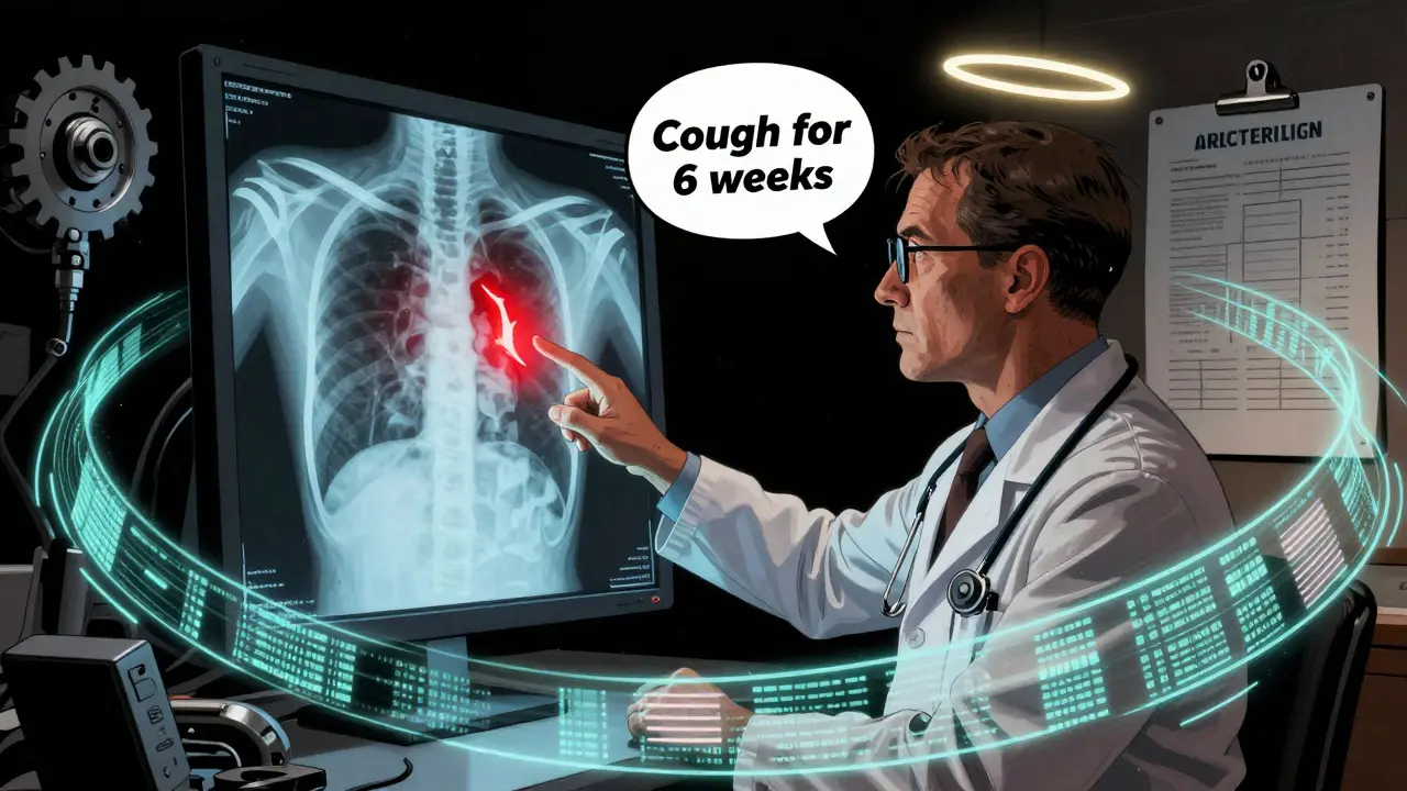 Radiologist examining an X-ray with a highlighted lung shadow and patient notes floating beside it, in a high-tech medical setting.