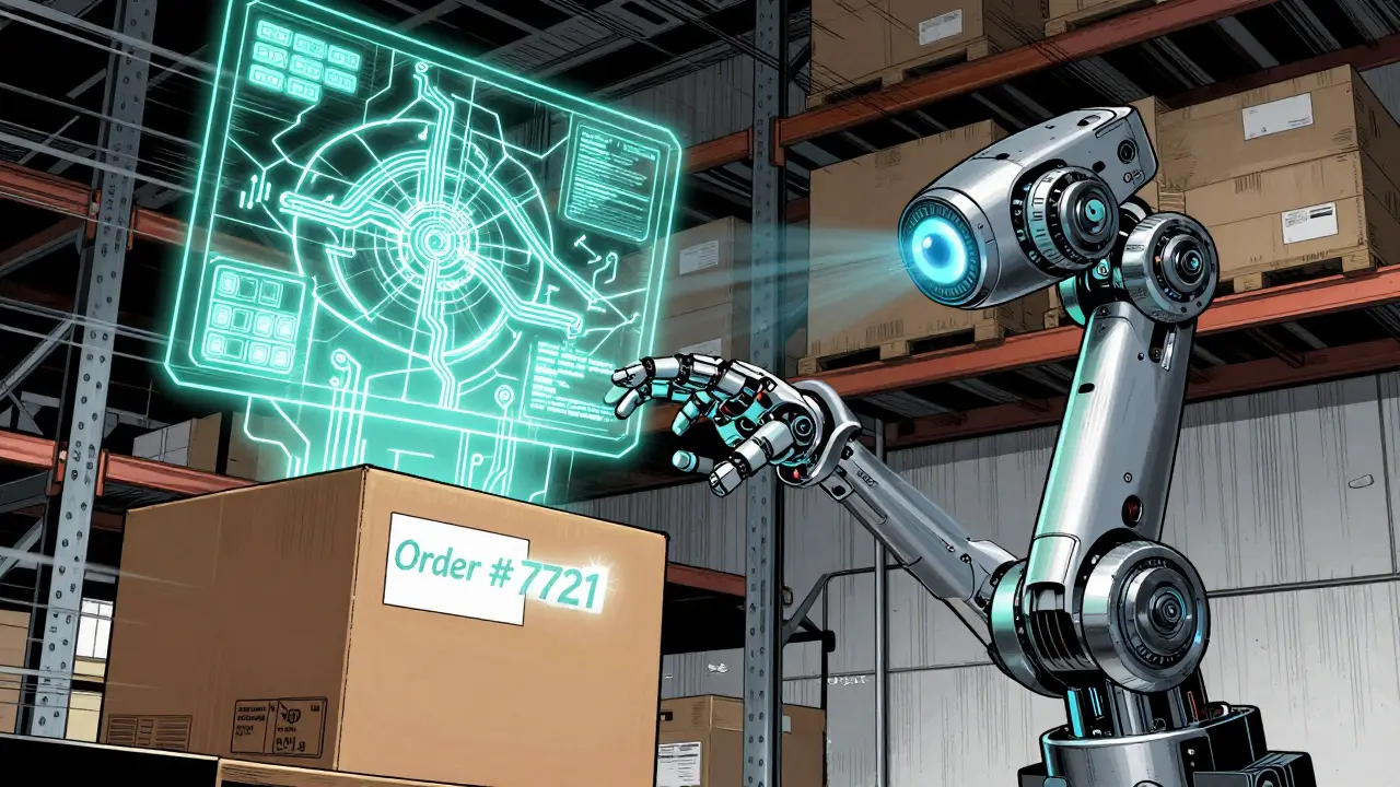 Robotic arm in a warehouse scanning a box label while a holographic map guides its movement, surrounded by digital data streams.