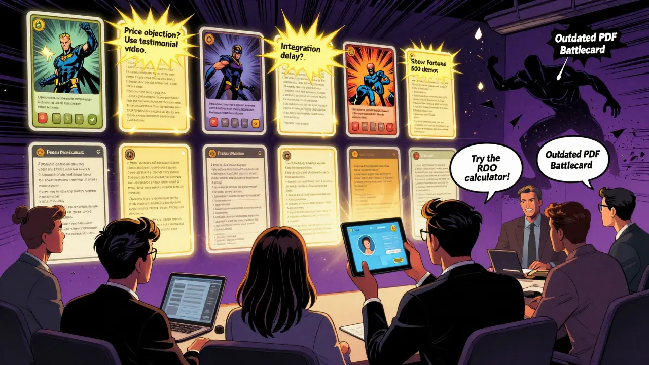 Sales team using dynamic digital battlecards and live AI coaching in a war room setting.