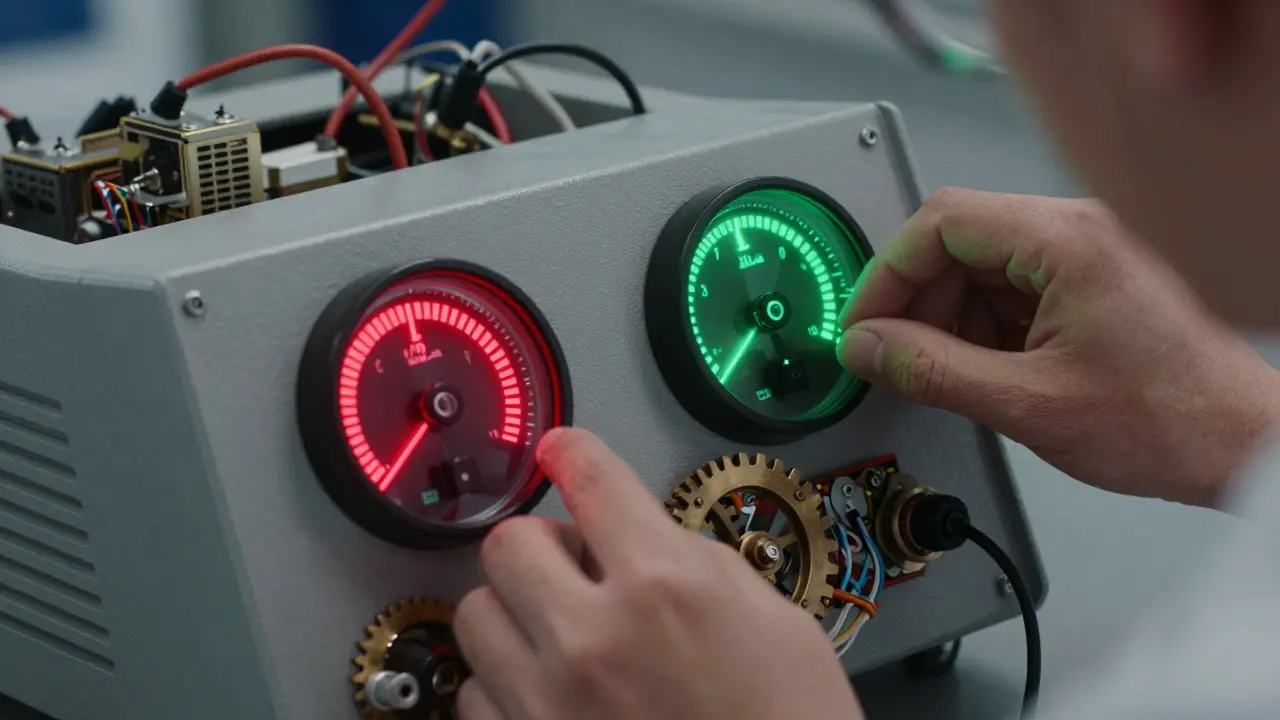 Scientist adjusting calibration device with glowing dials for confidence vs accuracy