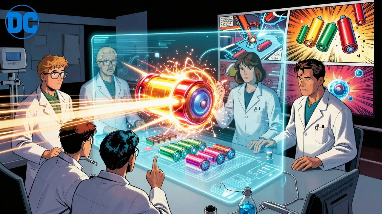 Scientists working on battery materials with holographic display.