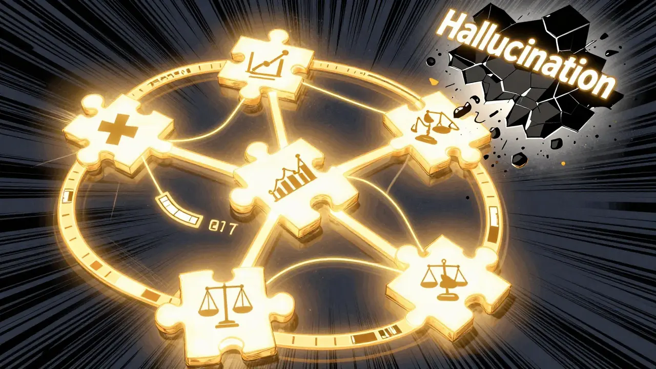 Semantic chunks glowing like puzzle pieces snapping together with a vector threshold meter, while hallucination fragments disintegrate.