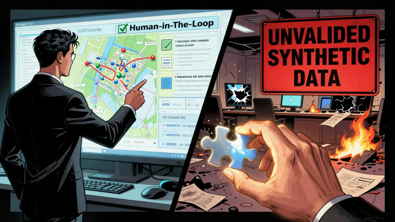 Split panel: confident analyst using validated AI vs. ruined office from unvalidated data, with human hand placing final puzzle piece.