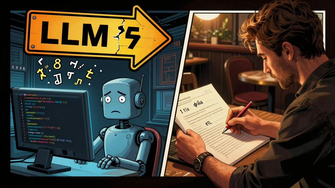 Split scene: chaotic AI-generated code on one side, human linguist correcting Russian and Arabic translations on the other.