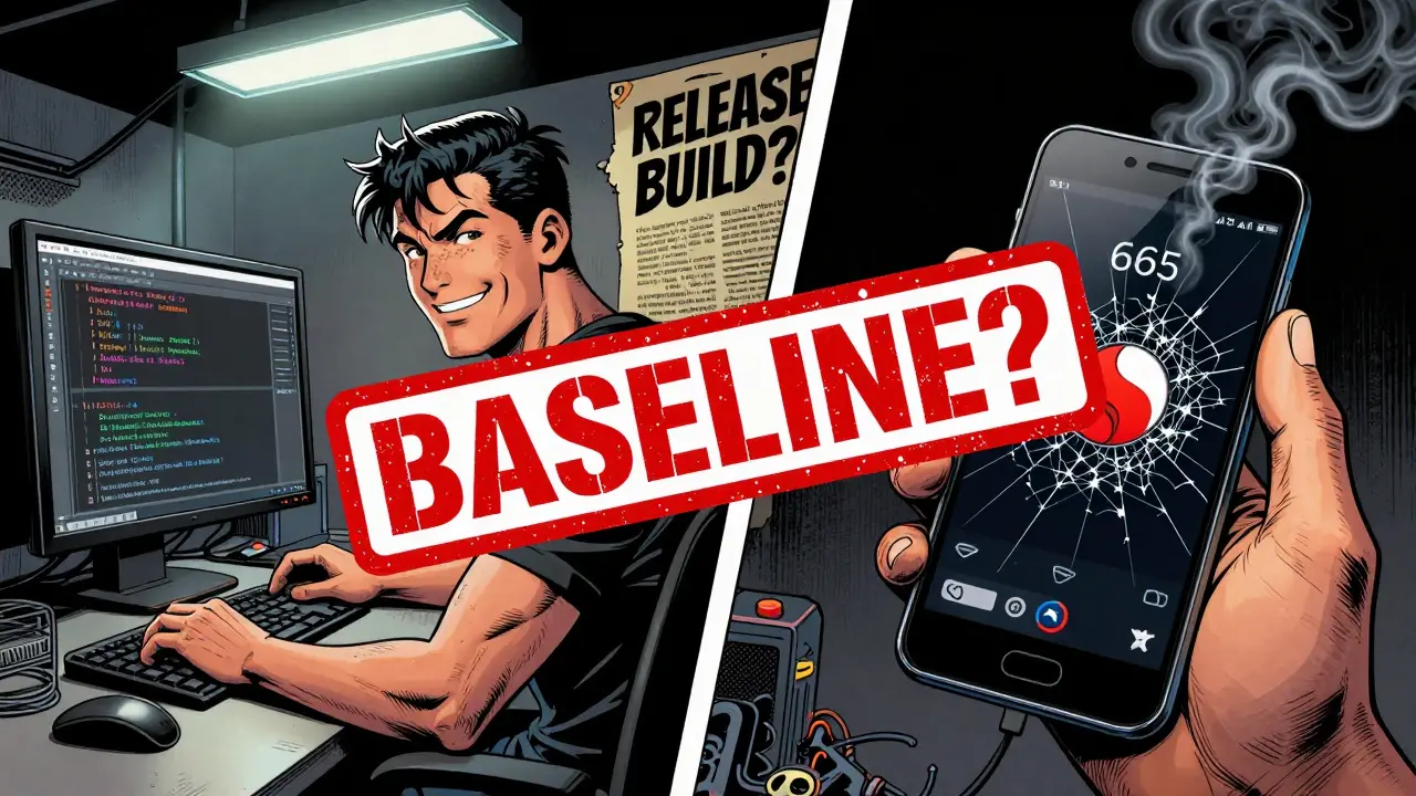 Split scene: optimized code on PC vs. stuttering on low-end phone, with 'BASELINE?' and 'RELEASE BUILD?' signs.