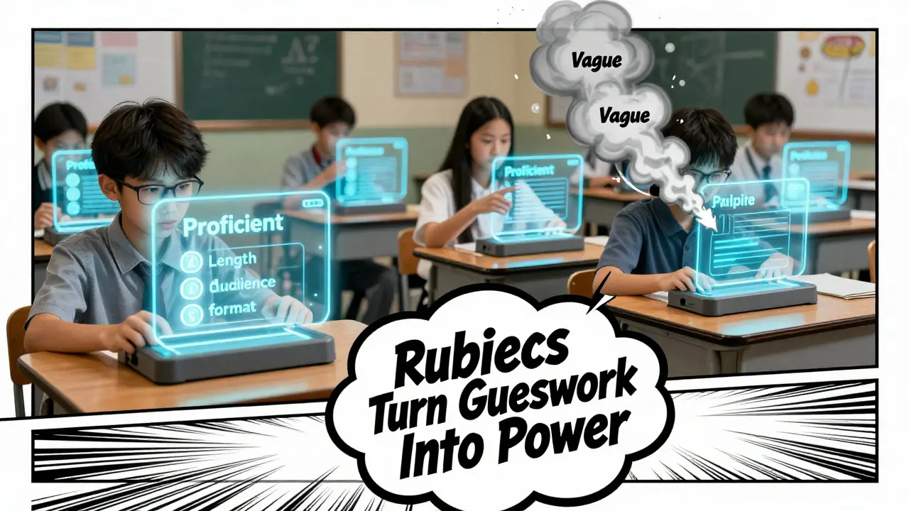 Students using holographic tools to scan prompts; one prompt glows 'Proficient' while another explodes into smoke.