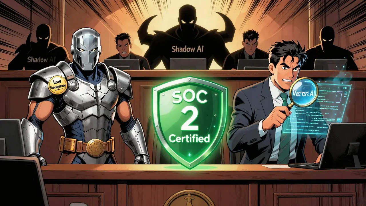 Three AI coding platforms portrayed as superheroes in a courtroom battle.