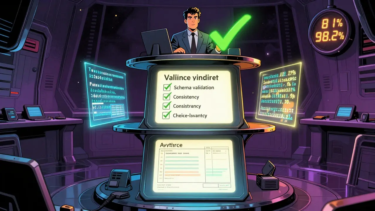 Three-stage validation system showing AI extraction, automated checks, and human approval.