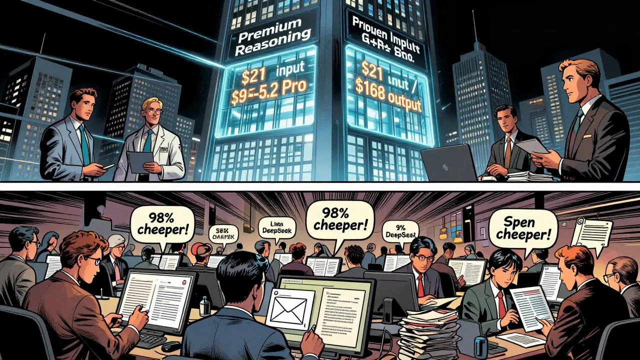 Two-tiered AI market: everyday users on the ground with cheap models, while premium AI services tower above in a skyscraper for high-stakes professionals.