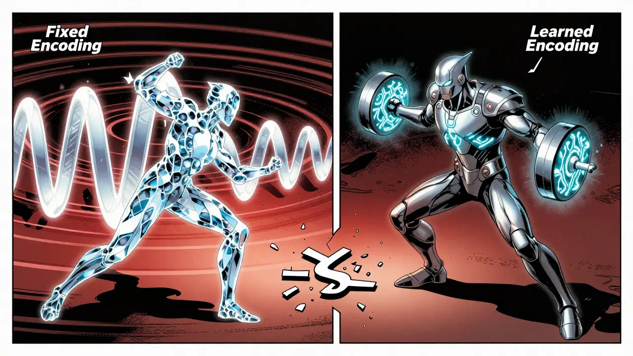 A battle between Fixed Encoding and Learned Encoding entities over a broken sentence, in bold DC comic art style.