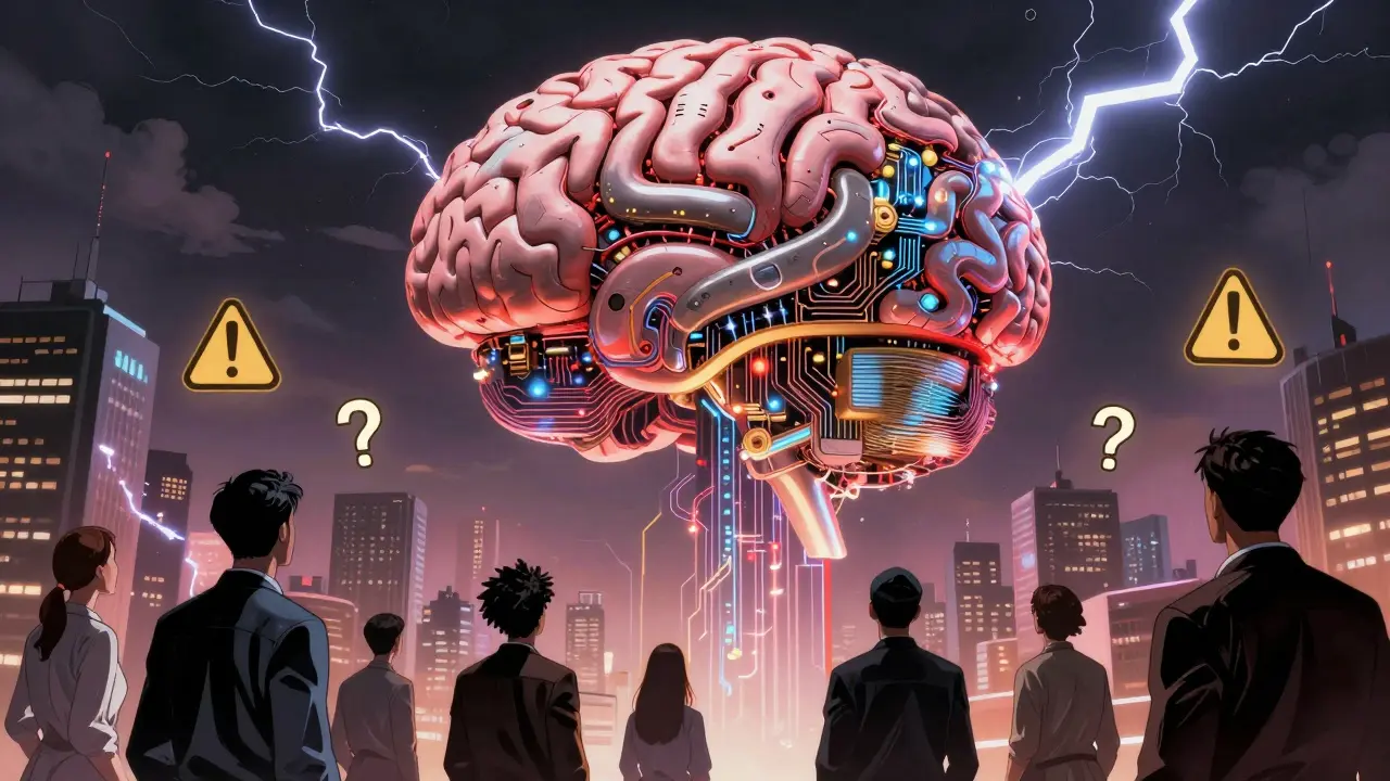 A colossal AI brain towers over a city as scientists react to its unpredictable emergent abilities.