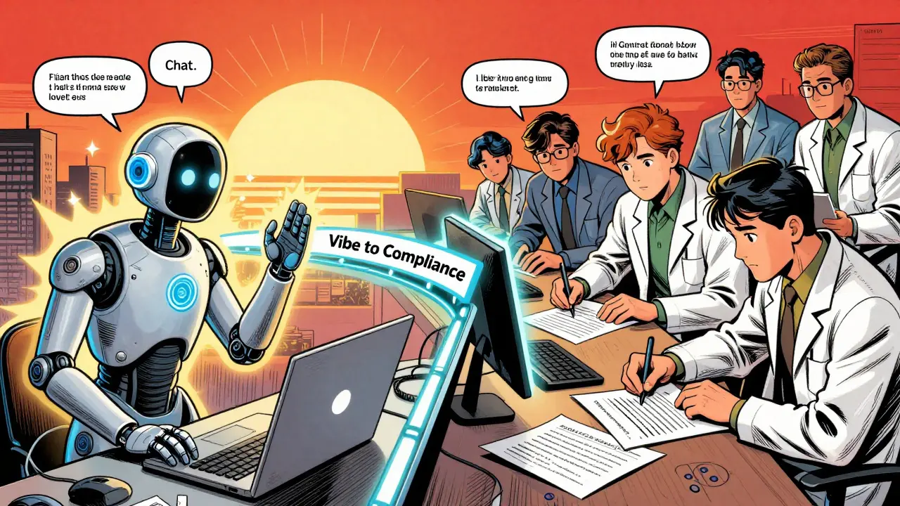 A developer's AI prototype transforms into a human-reviewed, audited system with approval stamps and glowing connections.