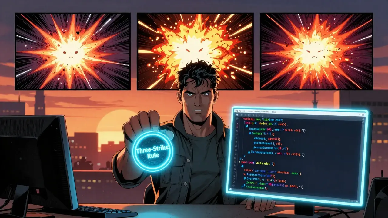 A developer holds a 'Three-Strike Rule' badge as three failed refactor attempts explode behind them.