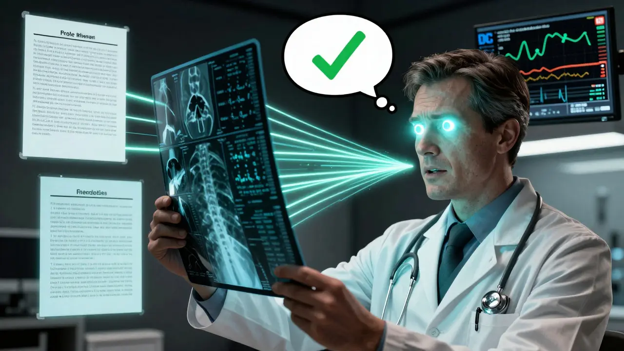 A doctor and AI agent jointly analyzing medical data including X-ray, audio, and video inputs for accurate diagnosis.