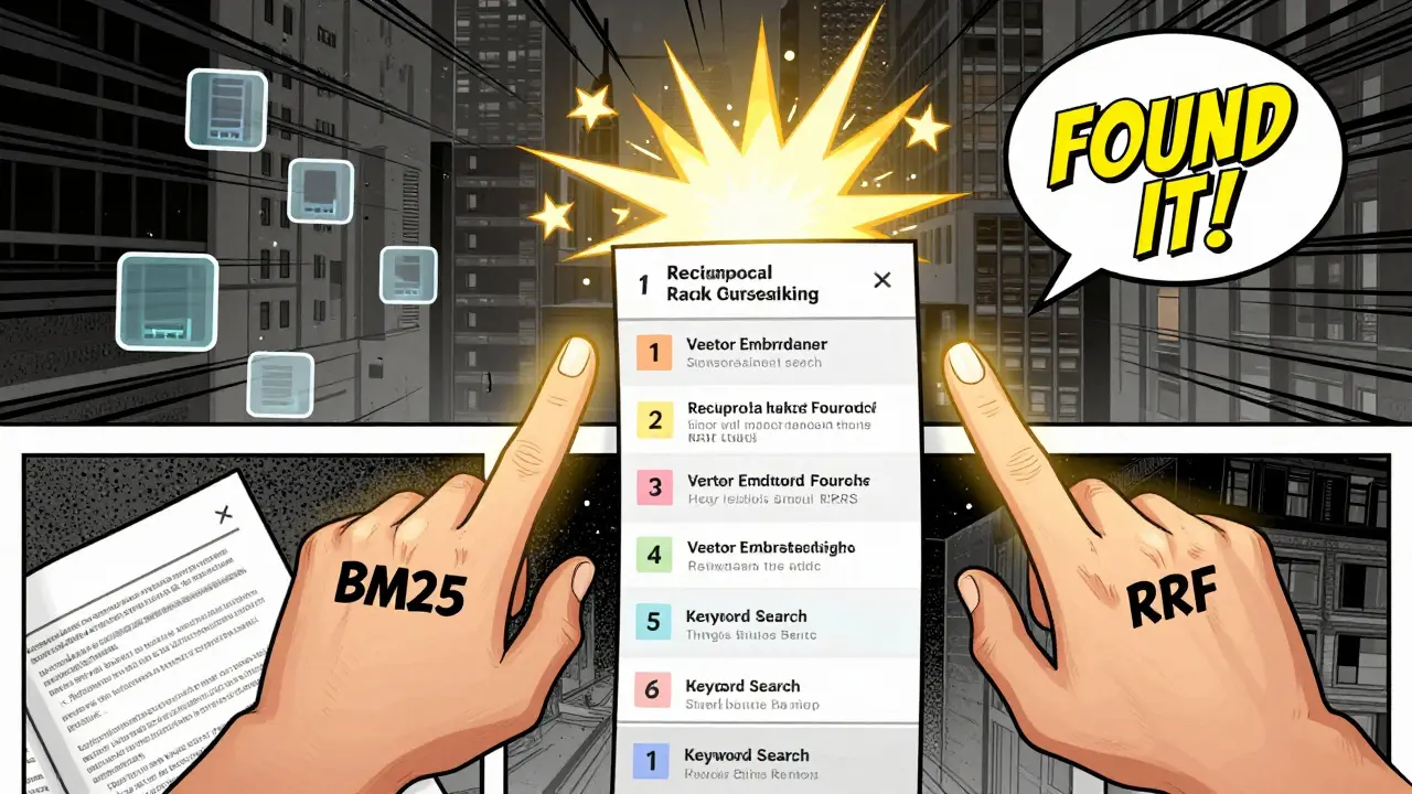 A document rising to the top of a leaderboard as two glowing hands merge keyword and semantic search results, with data chunks and energy bursts around it.