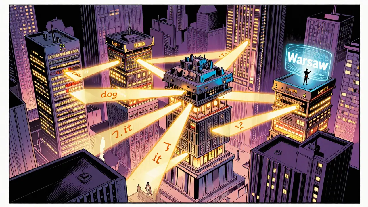 A futuristic city representing transformer layers, with golden beams connecting words in a sentence.